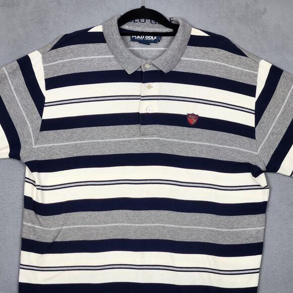 VINTAGE POLO GOLF RALPH LAUREN Shirt Mens XL Gray Striped Crest Logo Preppy - Picture 5 of 14